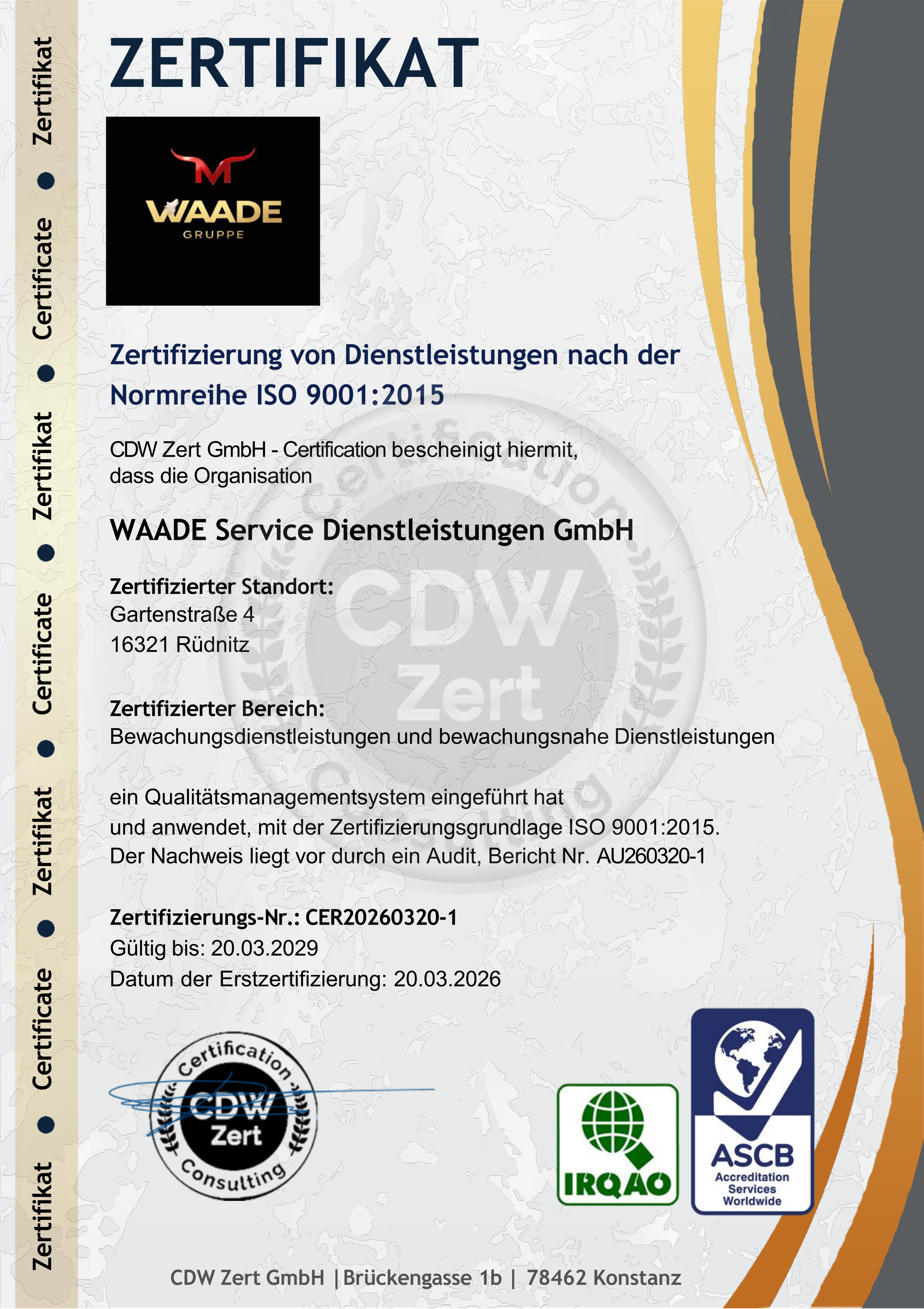 WAADE Zertifikat Vorschau